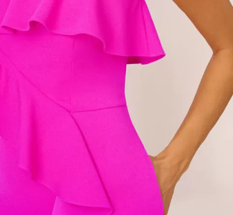 Adrianna Papell Stretch Crepe Strapless Column Gown With Ruffle Details In Pink Flame PINKFLAME Outlet