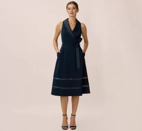 Adrianna Papell Stretch Knit Crepe Midi-Length Fit-And-Flare Tuxedo Dress With Organza Inserts In MIDNIGHT Best Sale