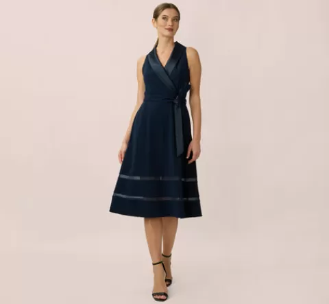 Adrianna Papell Stretch Knit Crepe Midi-Length Fit-And-Flare Tuxedo Dress With Organza Inserts In MIDNIGHT Best Sale