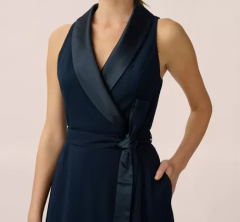 Adrianna Papell Stretch Knit Crepe Midi-Length Fit-And-Flare Tuxedo Dress With Organza Inserts In MIDNIGHT Best Sale