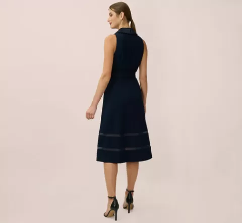 Adrianna Papell Stretch Knit Crepe Midi-Length Fit-And-Flare Tuxedo Dress With Organza Inserts In MIDNIGHT Best Sale
