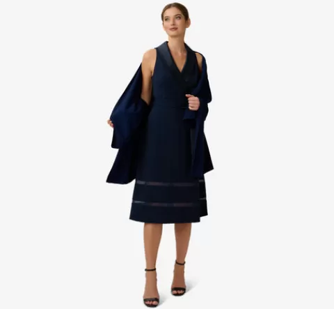 Adrianna Papell Stretch Knit Crepe Midi-Length Fit-And-Flare Tuxedo Dress With Organza Inserts In MIDNIGHT Best Sale