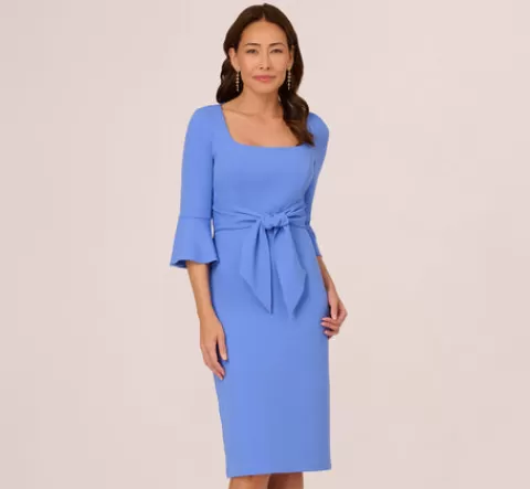 Adrianna Papell Stretch Knit Crepe Tie-Front Midi-Length Sheath Dress In Precious Peri PRECIOUSPERI Online