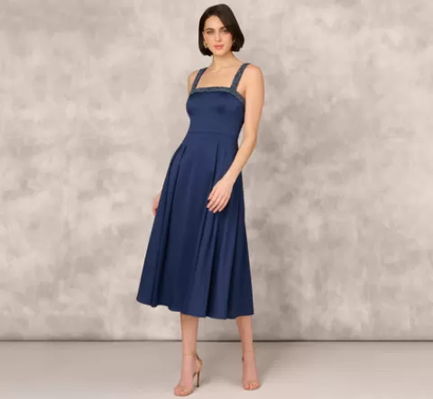 Adrianna Papell Stretch Mikado Midi Dress With Beaded Neckline And Straps In NAVY Clearance