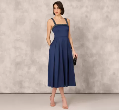Adrianna Papell Stretch Mikado Midi Dress With Beaded Neckline And Straps In NAVY Clearance