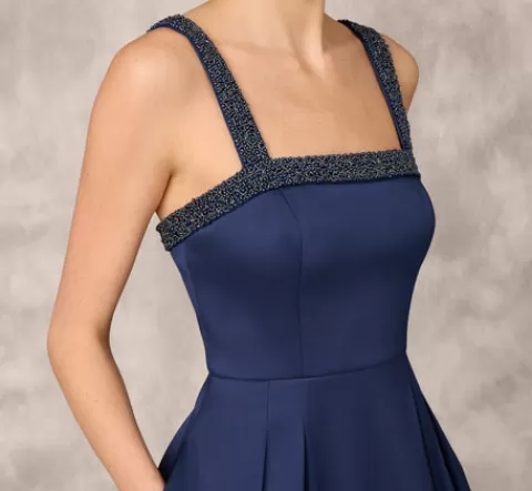 Adrianna Papell Stretch Mikado Midi Dress With Beaded Neckline And Straps In NAVY Clearance