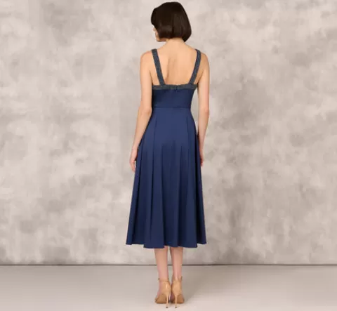 Adrianna Papell Stretch Mikado Midi Dress With Beaded Neckline And Straps In NAVY Clearance