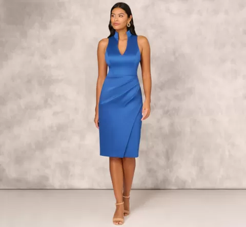 Adrianna Papell Stretch Mikado Midi Dress With Faux Wrap Details In Deep Ocean DEEPOCEAN Best Sale