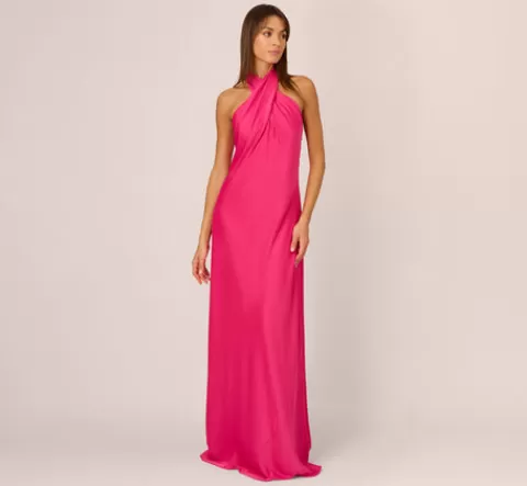 Adrianna Papell Stretch Satin Mermaid Gown With Halter Neckline In Hot Pink HOTPINK Cheap