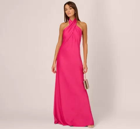 Adrianna Papell Stretch Satin Mermaid Gown With Halter Neckline In Hot Pink HOTPINK Cheap