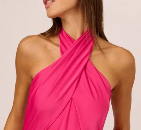 Adrianna Papell Stretch Satin Mermaid Gown With Halter Neckline In Hot Pink HOTPINK Cheap