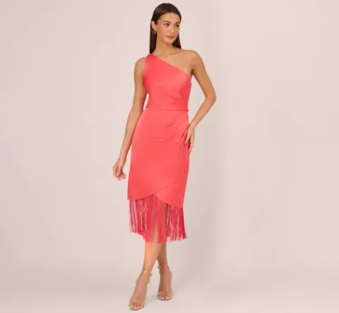 Adrianna Papell Stretch Satin One Shoulder Midi Dress With Fringe Skirt In Spicy Coral SPICYCORAL Best Sale