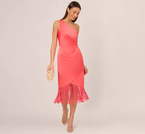 Adrianna Papell Stretch Satin One Shoulder Midi Dress With Fringe Skirt In Spicy Coral SPICYCORAL Best Sale