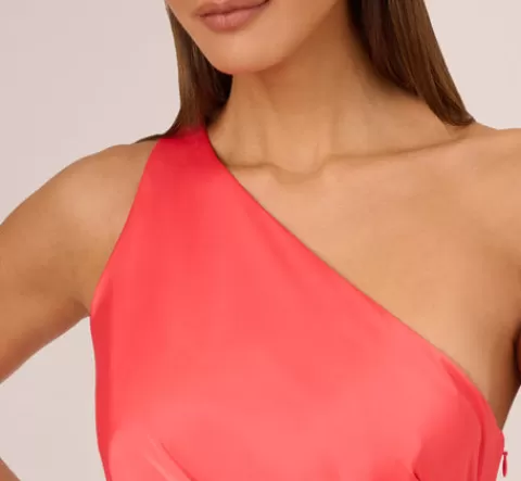 Adrianna Papell Stretch Satin One Shoulder Midi Dress With Fringe Skirt In Spicy Coral SPICYCORAL Best Sale