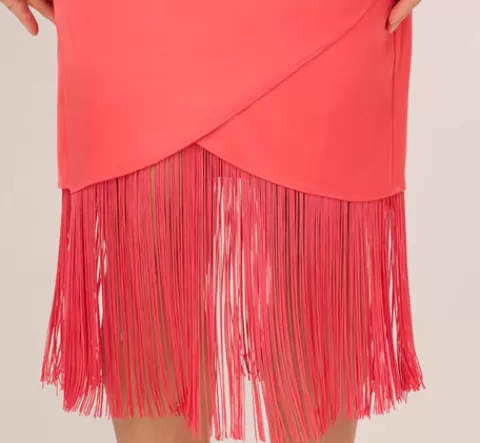 Adrianna Papell Stretch Satin One Shoulder Midi Dress With Fringe Skirt In Spicy Coral SPICYCORAL Best Sale