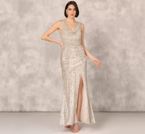 Adrianna Papell Stretch Sequin Sleeveless Cowl Neck Gown With Gathered Details In Champagne Silver CHAMPAGNE-SILVER Fashion