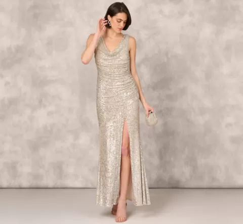Adrianna Papell Stretch Sequin Sleeveless Cowl Neck Gown With Gathered Details In Champagne Silver CHAMPAGNE-SILVER Fashion
