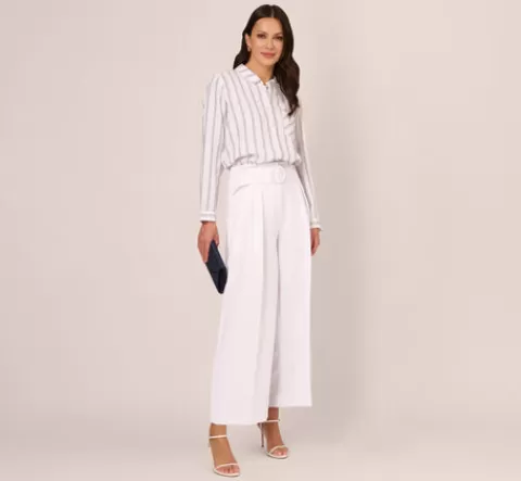 Adrianna Papell Striped Button Up Linen Shirt With Long Sleeves In White Grey Triple Stripe WHITE-GREYTRIPLESTRIPE New