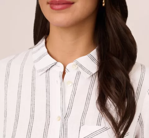Adrianna Papell Striped Button Up Linen Shirt With Long Sleeves In White Grey Triple Stripe WHITE-GREYTRIPLESTRIPE New