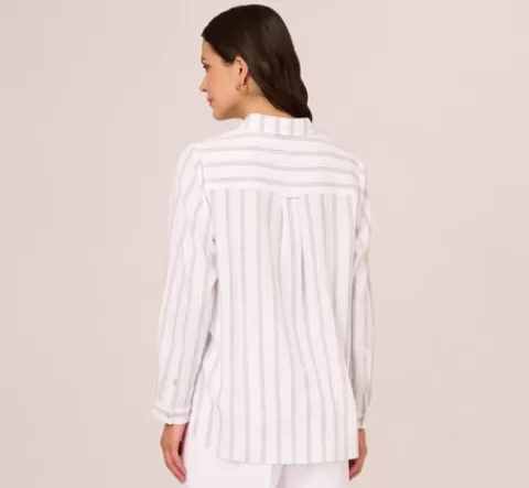 Adrianna Papell Striped Button Up Linen Shirt With Long Sleeves In White Grey Triple Stripe WHITE-GREYTRIPLESTRIPE New