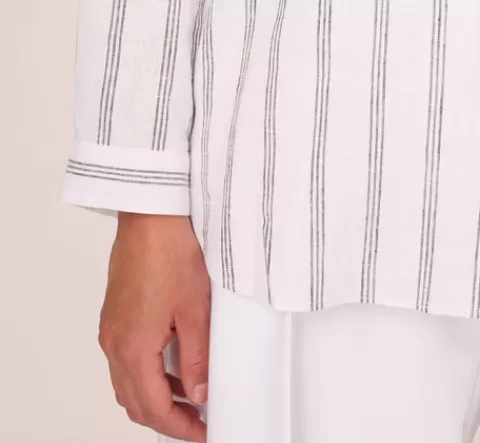 Adrianna Papell Striped Button Up Linen Shirt With Long Sleeves In White Grey Triple Stripe WHITE-GREYTRIPLESTRIPE New