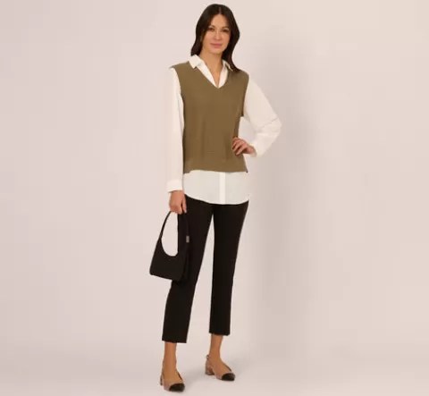 Adrianna Papell Sweater Vest Collared Twofer Shirt In Smokey Olive Ivory SMOKEYOLIVE-IVORY Clearance
