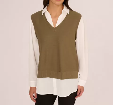 Adrianna Papell Sweater Vest Collared Twofer Shirt In Smokey Olive Ivory SMOKEYOLIVE-IVORY Clearance