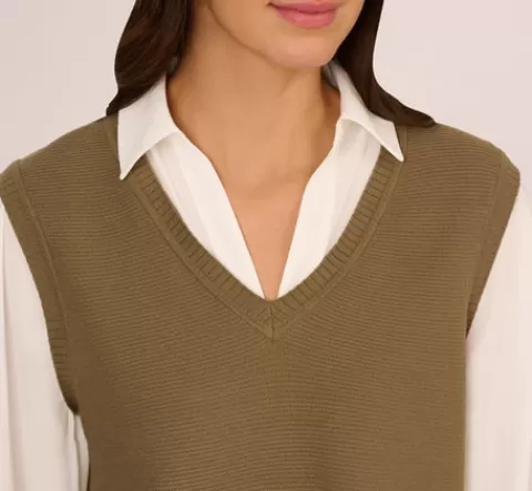 Adrianna Papell Sweater Vest Collared Twofer Shirt In Smokey Olive Ivory SMOKEYOLIVE-IVORY Clearance