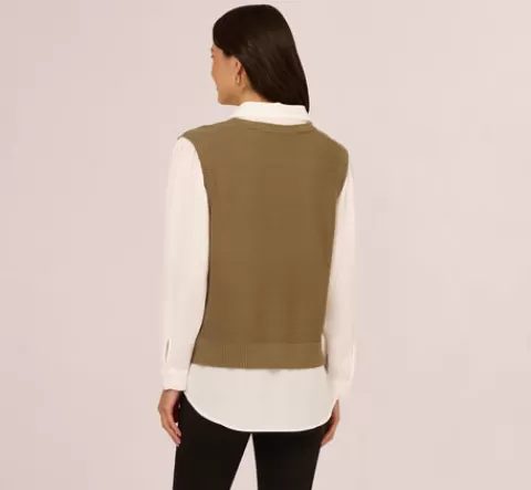 Adrianna Papell Sweater Vest Collared Twofer Shirt In Smokey Olive Ivory SMOKEYOLIVE-IVORY Clearance