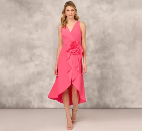 Adrianna Papell Taffeta Halter Midi Dress With Large Floral Accent In PETUNIA Shop