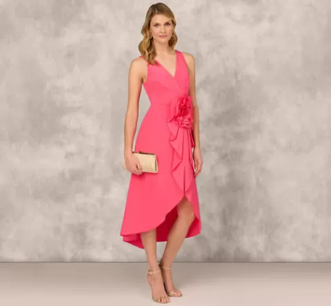 Adrianna Papell Taffeta Halter Midi Dress With Large Floral Accent In PETUNIA Shop
