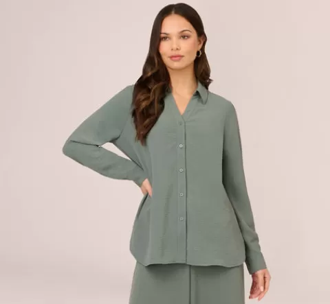 Adrianna Papell Texture Woven Button Up Shirt With Long Sleeves In Dusty Seafoam DUSTYSEAFOAM Best