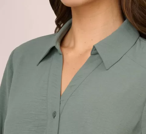 Adrianna Papell Texture Woven Button Up Shirt With Long Sleeves In Dusty Seafoam DUSTYSEAFOAM Best