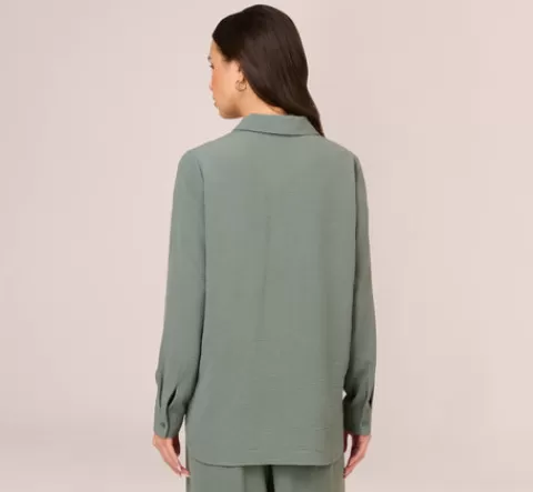 Adrianna Papell Texture Woven Button Up Shirt With Long Sleeves In Dusty Seafoam DUSTYSEAFOAM Best
