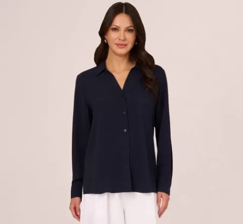 Adrianna Papell Textured Button Up Top With Long Sleeves In Blue Moon BLUEMOON Clearance