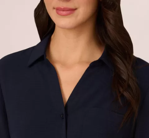 Adrianna Papell Textured Button Up Top With Long Sleeves In Blue Moon BLUEMOON Clearance