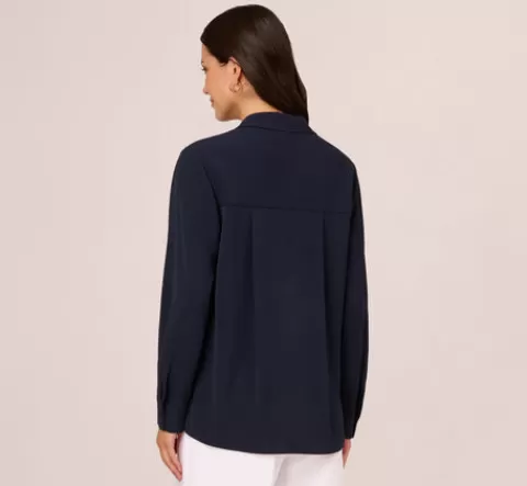 Adrianna Papell Textured Button Up Top With Long Sleeves In Blue Moon BLUEMOON Clearance