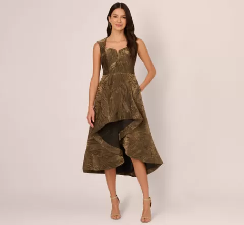 Adrianna Papell Textured Jacquard High Low Dress With Notched Neck In Metallic Gold METALLICGOLD Fashion