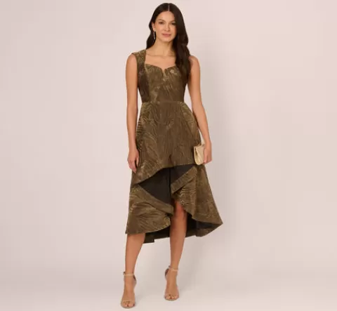 Adrianna Papell Textured Jacquard High Low Dress With Notched Neck In Metallic Gold METALLICGOLD Fashion