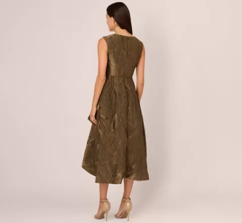 Adrianna Papell Textured Jacquard High Low Dress With Notched Neck In Metallic Gold METALLICGOLD Fashion