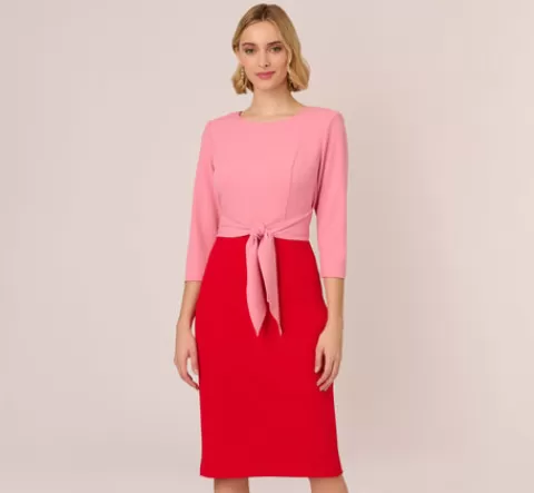 Adrianna Papell Three Quarter Sleeve Colorblock Dress With Tie Front In Pink Red PINK-RED Hot