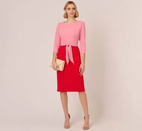 Adrianna Papell Three Quarter Sleeve Colorblock Dress With Tie Front In Pink Red PINK-RED Hot