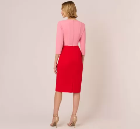 Adrianna Papell Three Quarter Sleeve Colorblock Dress With Tie Front In Pink Red PINK-RED Hot