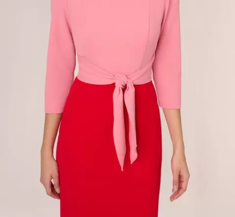 Adrianna Papell Three Quarter Sleeve Colorblock Dress With Tie Front In Pink Red PINK-RED Hot