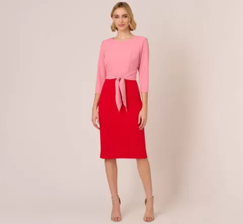 Adrianna Papell Three Quarter Sleeve Colorblock Dress With Tie Front In Pink Red PINK-RED Hot