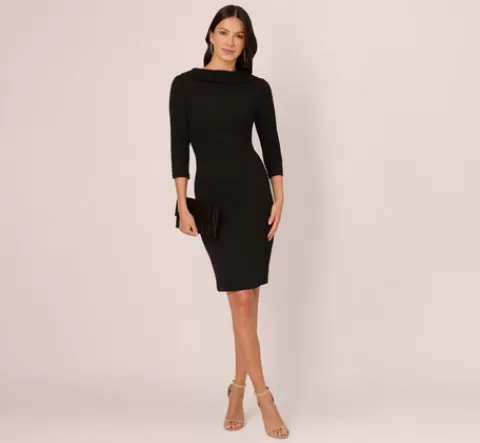 Adrianna Papell Three Quarter Sleeve Crepe Midi Dress With Rolled Neck In BLACK Sale