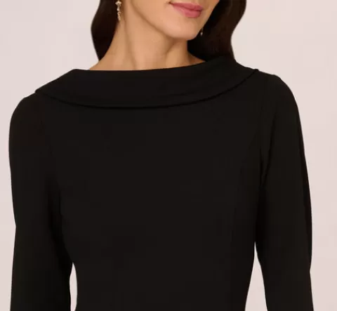 Adrianna Papell Three Quarter Sleeve Crepe Midi Dress With Rolled Neck In BLACK Sale