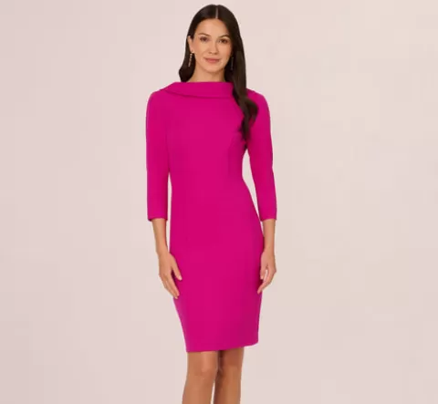 Adrianna Papell Three Quarter Sleeve Crepe Midi Dress With Rolled Neck In Pink Flambe PINKFLAMBE New