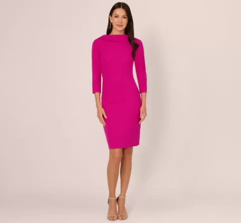 Adrianna Papell Three Quarter Sleeve Crepe Midi Dress With Rolled Neck In Pink Flambe PINKFLAMBE New