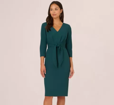 Adrianna Papell Three Quarter Sleeve Pleated Midi Dress With Tie Waist In HUNTER Fashion